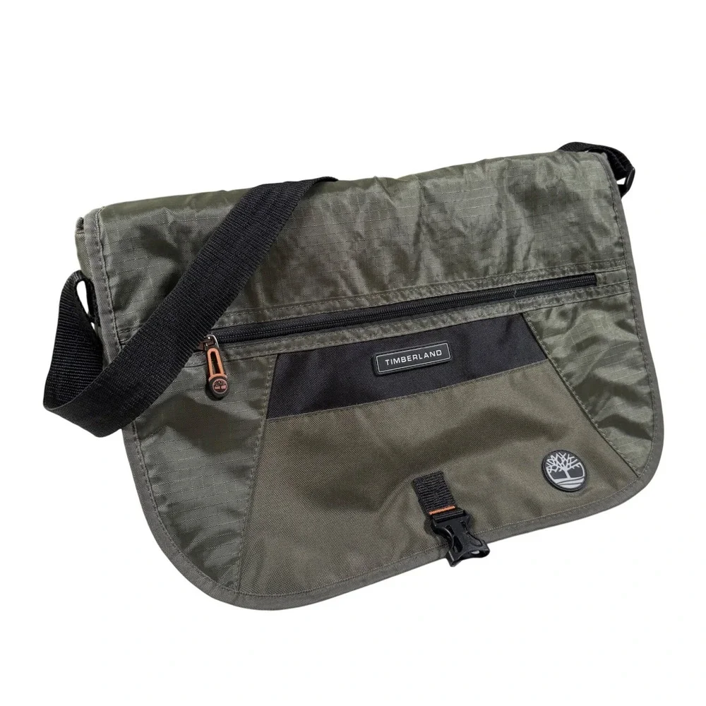 Timberland Messenger Bag Olive Green Black Ripstop Nylon Laptop Commuter Satchel
